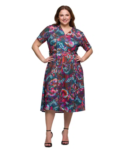 24seven Comfort Apparel Plus Size Print Short Sleeve Tie Waist Midi Dress In Pink Multi