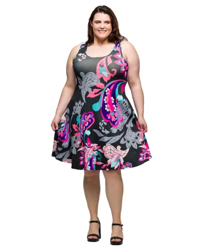 24seven Comfort Apparel Plus Size Print Sleeveless Knee Length Tank Swing Dress In Pink Multi