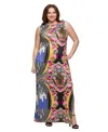 24seven Comfort Apparel Plus Size Print Sleeveless Side Slit Maxi Dress In Pink Multi