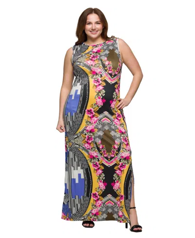 24seven Comfort Apparel Plus Size Print Sleeveless Side Slit Maxi Dress In Pink Multi