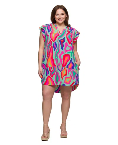 24seven Comfort Apparel Plus Size Print V-neck Cap Sleeve Knee Length Pocket Dress In Multi