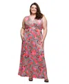24seven Comfort Apparel Plus Size Print V-neck Empire Waist Sleeveless Maxi Dress In Coral Multi