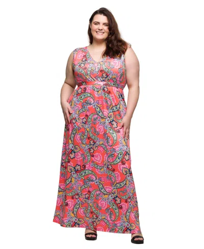 24seven Comfort Apparel Plus Size Print V-neck Empire Waist Sleeveless Maxi Dress In Coral Multi