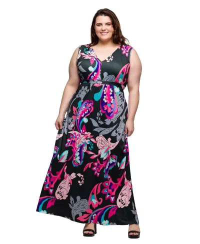 24seven Comfort Apparel Plus Size Print V-neck Empire Waist Sleeveless Maxi Dress In Pink Multi