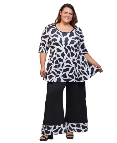 24seven Comfort Apparel Plus Size Printed 2-piece Top And Pants Set In Black