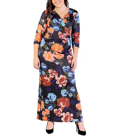24seven Comfort Apparel Plus Size Printed Maxi Dress In Navy Multi