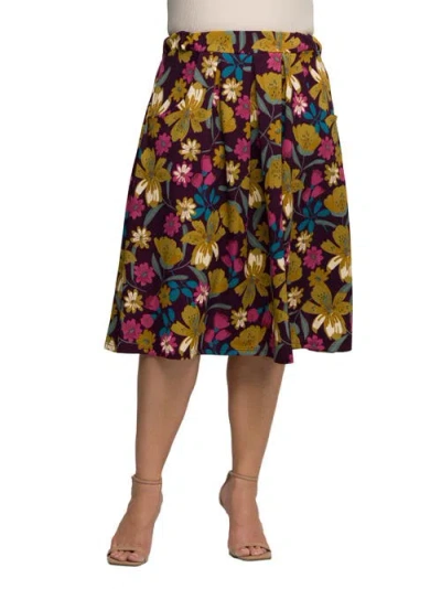 24seven Comfort Apparel Plus Size Purple Floral Elastic Waist Pocket Midi Skirt In Multi