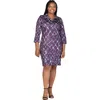 24seven Comfort Apparel Plus Size  Purple Geometric Print Three Quarter Sleeve Collar Mini Dress In Purple