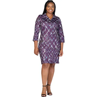 24seven Comfort Apparel Plus Size  Purple Geometric Print Three Quarter Sleeve Collar Mini Dress