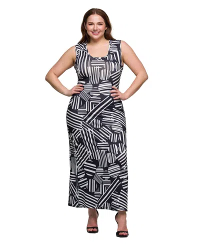 24seven Comfort Apparel Plus Size Razorback Tank Casual Maxi Dress In Black Multi
