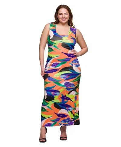 24seven Comfort Apparel Plus Size Razorback Tank Casual Maxi Dress In Orange Multi
