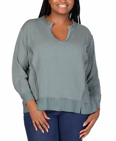 24seven Comfort Apparel Plus Size Relaxed Fit Rib Knit V-neck Top In Green