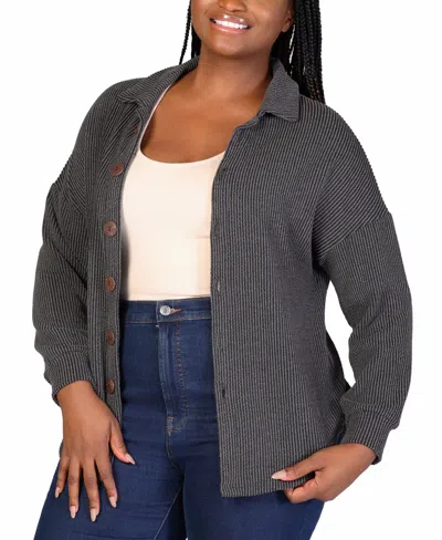 24seven Comfort Apparel Plus Size Rib Button Up Shirt Jacket In Black