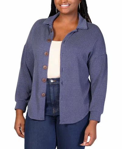 24seven Comfort Apparel Plus Size Rib Button Up Shirt Jacket In Blue