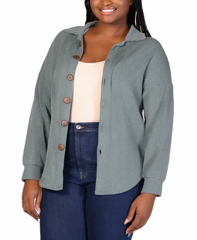 24seven Comfort Apparel Plus Size Rib Button Up Shirt Jacket In Green