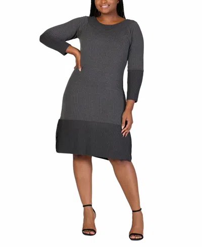 24seven Comfort Apparel Plus Size Rib Knit Long Sleeve Sweater Dress In Black