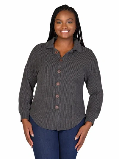 24seven Comfort Apparel Plus Size Ribbed Button Up Long Sleeve Collared Shirt Jacket In Black