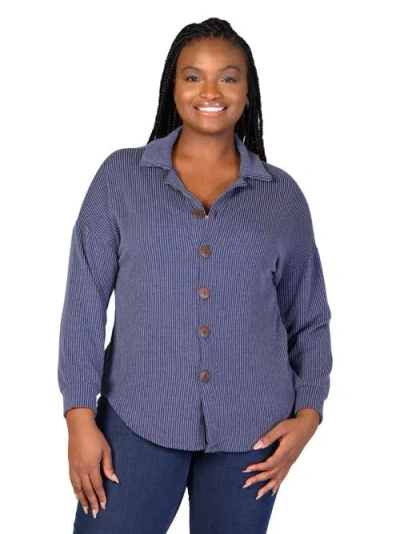24seven Comfort Apparel Plus Size Ribbed Button Up Long Sleeve Collared Shirt Jacket In Blue