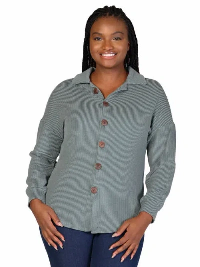 24seven Comfort Apparel Plus Size Ribbed Button Up Long Sleeve Collared Shirt Jacket In Green
