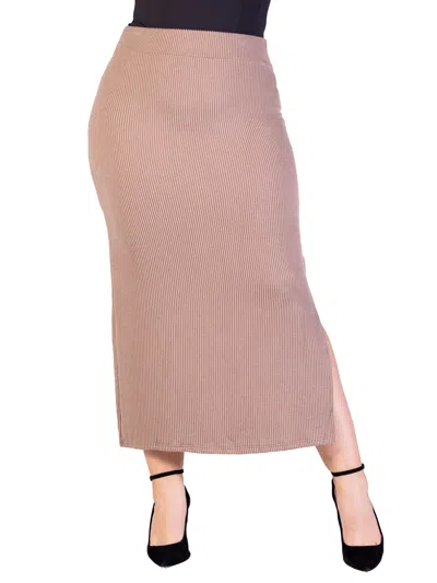 24seven Comfort Apparel Plus Size Ribbed Knit Side Slit Elastic Waist Maxi Skirt In Brown