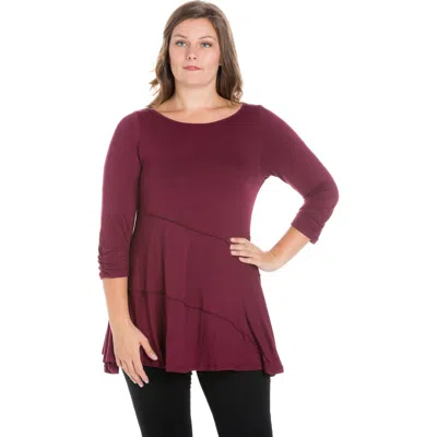24seven Comfort Apparel Plus Size Ruched Sleeve Swing  Tunic Top In Burgundy