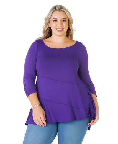 24seven Comfort Apparel Plus Size Ruched Sleeve Swing Tunic Top In Purple