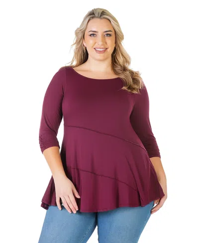 24seven Comfort Apparel Plus Size Ruched Sleeve Swing Tunic Top In Wine