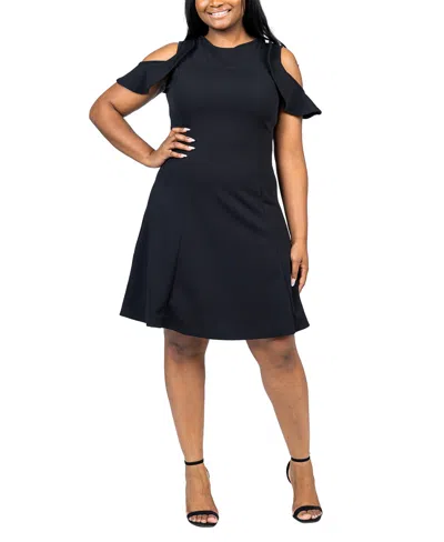 24seven Comfort Apparel Plus Size Ruffle Cold Shoulder A Line Dress In Black