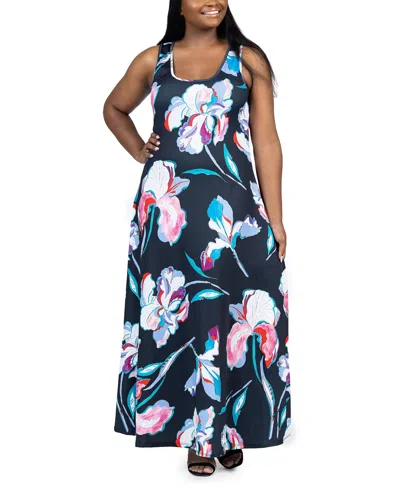24seven Comfort Apparel Plus Size Scoop A Line Sleeveless Maxi Dress In Navy Multi