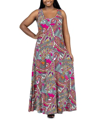 24seven Comfort Apparel Plus Size Scoop A Line Sleeveless Maxi Dress In Pink Multi