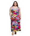 24seven Comfort Apparel Plus Size Scoop Neck A-line Sleeveless Maxi Dress In Pink Multi