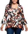24seven Comfort Apparel Plus Size Scoop Neck Bell Sleeve Tunic Top In Multi