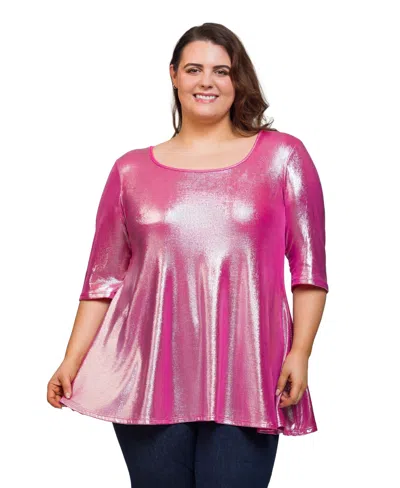 24seven Comfort Apparel Plus Size Scoop Neck Flared Tunic Top In Pink
