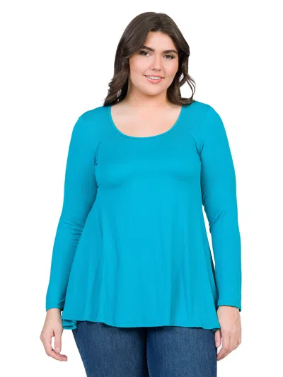 24seven Comfort Apparel Plus Size Scoop Neck Long Sleeve Swing Tunic Top In Blue