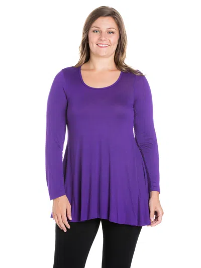 24seven Comfort Apparel Plus Size Scoop Neck Long Sleeve Swing Tunic Top In Purple