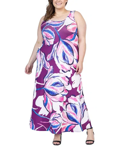 24seven Comfort Apparel Plus Size Scoop Neck Maxi Dress With Pockets In Pink Multi