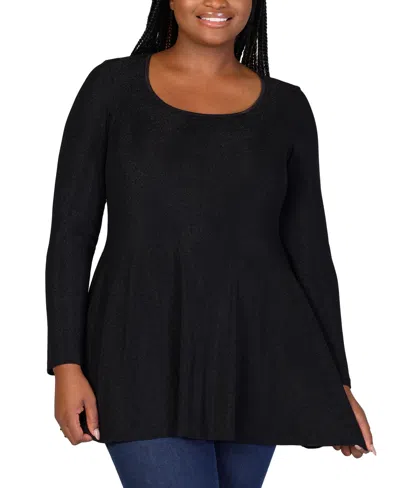 24seven Comfort Apparel Plus Size Scoop Neck Long Sleeve Shimmery Tunic Top In Black