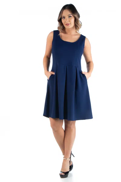 24seven Comfort Apparel Plus Size Scoop Neck Sleeveless Fit N Flare Knee Length Pocket Dress In Blue