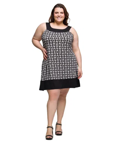 24seven Comfort Apparel Plus Size Scoop Neck Sleeveless Knee Length Dress In Black Multi