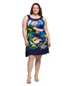 24seven Comfort Apparel Plus Size Scoop Neck Sleeveless Knee Length Dress In Blue Multi