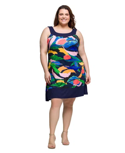 24seven Comfort Apparel Plus Size Scoop Neck Sleeveless Knee Length Dress In Blue Multi