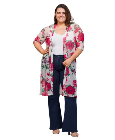 24seven Comfort Apparel Plus Size Sheer Floral Knee Length Duster Cardigan Sweater In Multi