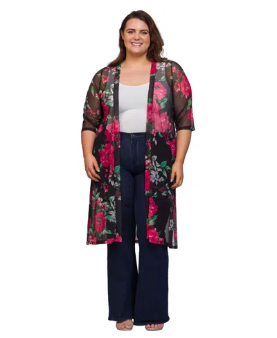 24seven Comfort Apparel Plus Size Sheer Floral Knee Length Duster Cardigan Sweater In Multi