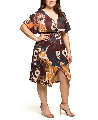 24seven Comfort Apparel Plus Size Short Sleeve Knot Front Midi Dress In Brown