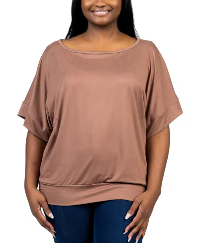 24seven Comfort Apparel Plus Size Short Sleeve Loose Fitting Dolman Top In Mocha