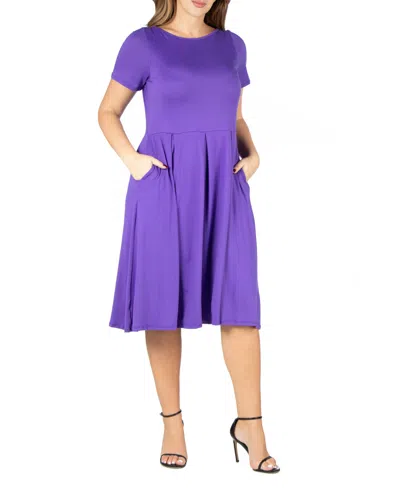 24seven Comfort Apparel Plus Size Short Sleeve Midi Dress With Pockets In Lilac