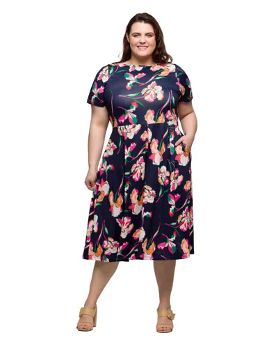 24seven Comfort Apparel Plus Size Short Sleeve Pleated Flare Midi Pocket Dress In Navy Multi