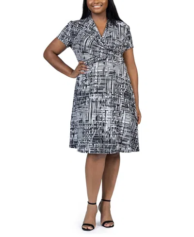 24seven Comfort Apparel Plus Size Short Sleeve Rouched Wrap Dress In Gray Multi
