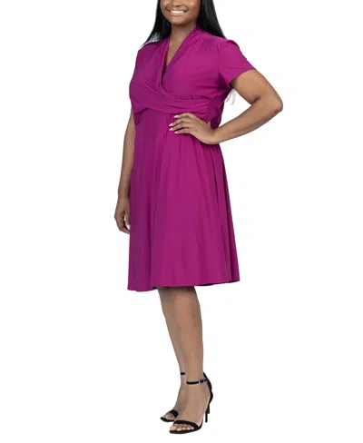 24seven Comfort Apparel Plus Size Short Sleeve Rouched Wrap Dress In Dark Pink