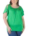 24seven Comfort Apparel Plus Size Short Sleeve Split Shoulder Top In Kiwi